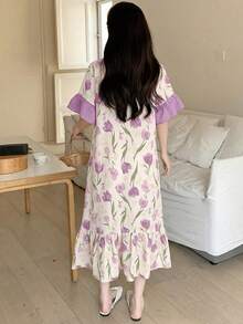 SHEIN 少女甜美简约郁金香图案睡衣连衣裙，圆领荷叶边下摆短袖宽松舒适，适合女孩日常穿着，居家户外皆宜 - 玫紅色 - 查看 2
