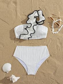 Bộ đồ bơi Swim Chiccia màu be, chất liệu vải gợn sóng, kiểu dáng trễ vai, phối họa tiết hoa đen trắng, gồm 2 mảnh, thích hợp cho kỳ nghỉ hè, đi biển, phong cách thanh lịch dành cho nữ. - Đen và trắng - Xem 3