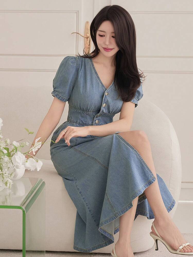 Women's Casual Washed V-Neck Petal Sleeve Denim Dress, Summer