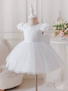 Glamorique Kids 女婴V领蝴蝶结连衣裙，蕾丝花袖，V领薄纱裙摆，适合生日派对、洗礼、花童婚礼等场合。 - 白色 - 查看 2