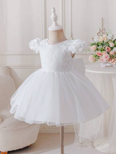 Glamorique Kids 女婴V领蝴蝶结连衣裙，蕾丝花袖，V领薄纱裙摆，适合生日派对、洗礼、花童婚礼等场合。