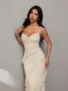 SHEIN PETITE Đầm nữ thanh lịch, gợi cảm, lãng mạn với bèo nhún ở eo, cổ khoét sâu và lưng hở, thích hợp cho hẹn hò, lễ tốt nghiệp, dạ hội, mùa xuân/hè. - Trắng ngà - Xem 7