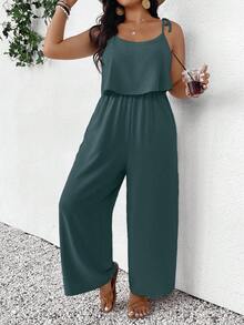 SHEIN Frenchy Plus Size Casual Vacation Textured Solid Color Jumpsuit - Green - View 1
