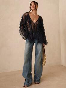SHEIN Glamour Áo kiểu dáng thường ngày tay dài cổ chữ V màu cà phê dành cho nữ - màu đen - Xem 7