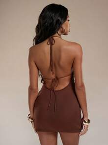 Normani Đầm nghỉ mát dệt kim hở lưng, thắt eo, gợi cảm dành cho nữ. - màu nâu - Xem 2