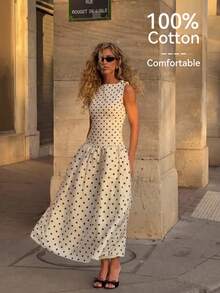 Lumalex 新款春夏纯棉波点印花无袖船领修身喇叭下摆连衣裙 - 黑與白 - 查看 2