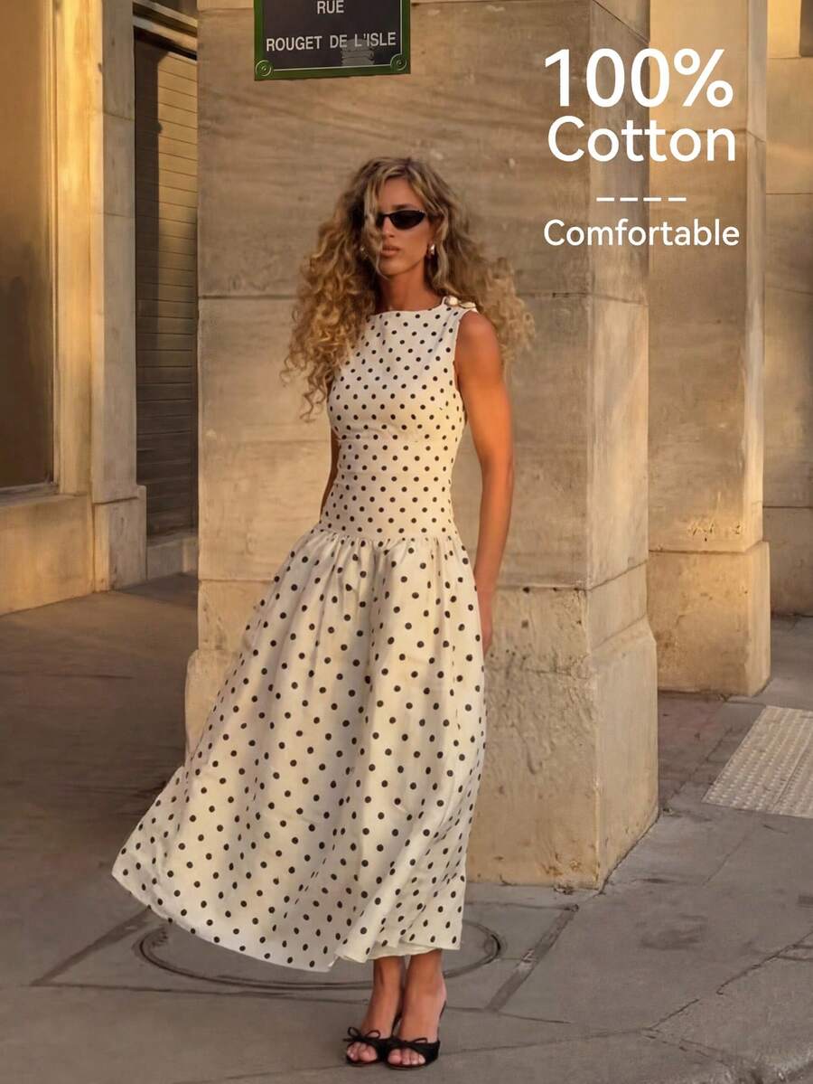 Lumalex 新款春夏纯棉波点印花无袖船领修身喇叭下摆连衣裙