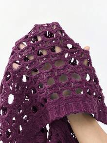 Maija 梅紫色 夏季 時尚 度假風 女款圓領側開衩鏤空透視針織鉤編上衣 2026春夏純色沙灘襯衫 - 紫色 - 查看 8