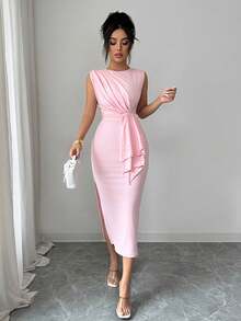 Elenzga 女士时尚针织圆领褶皱珍珠装饰修身优雅浪漫休闲日常、约会、通勤、晚餐、度假连衣裙粉色春夏款 - 粉色 - 查看 6