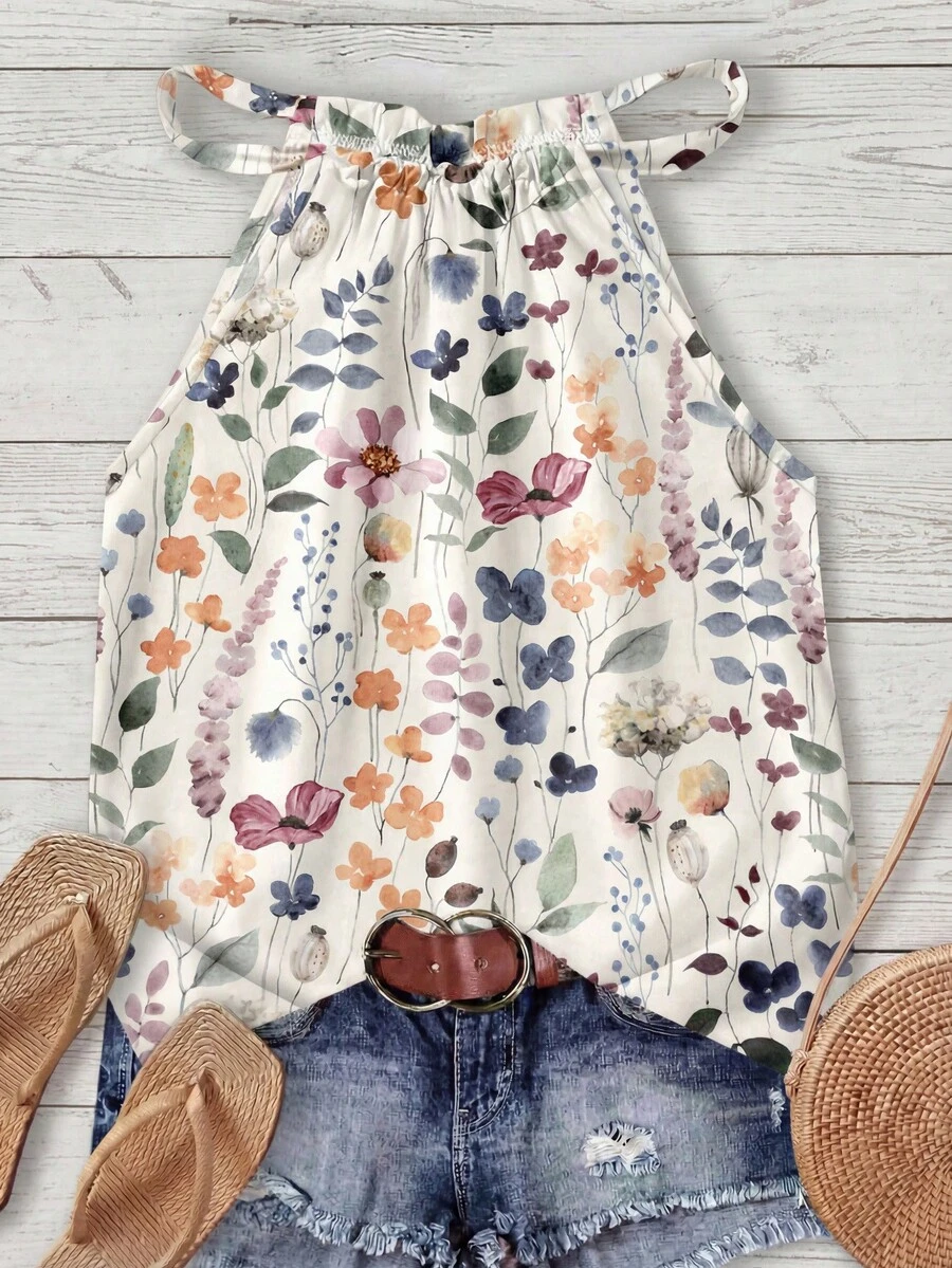 Rusticease Áo hai dây cổ yếm họa tiết hoa retro dành cho nữ, thích hợp cho kỳ nghỉ xuân/hè. - Nhiều màu - Xem 1