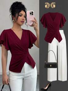 Elenzga Vestido elegante y romántico de mujer con cuello en V y cintura fruncida - Burdeos - Ver 1