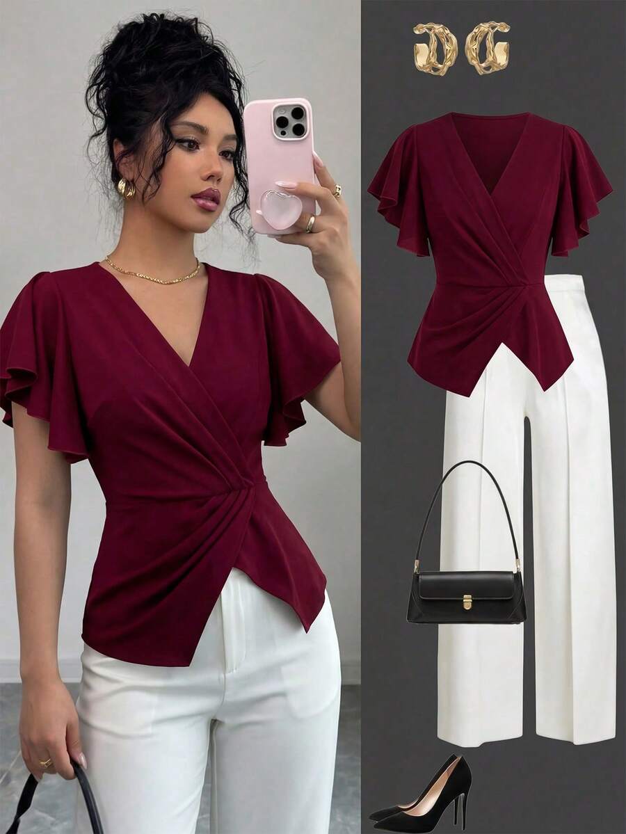 Elenzga Vestido elegante y romántico de mujer con cuello en V y cintura fruncida - Burdeos - Ver 1