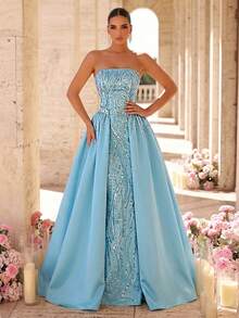 Glamrae Bộ trang phục sang trọng màu xanh dương gồm áo corset và chân váy maxi chữ A đính sequin 3D tinh tế bằng satin, phối cùng chân váy trắng tương phản, có dây buộc điều chỉnh được, thích hợp cho các buổi hẹn hò, tiệc độc thân, đám cưới, sự kiện, kỳ nghỉ, mùa tựu trường và dạ hội. - Màu xanh nhạt - Xem 2