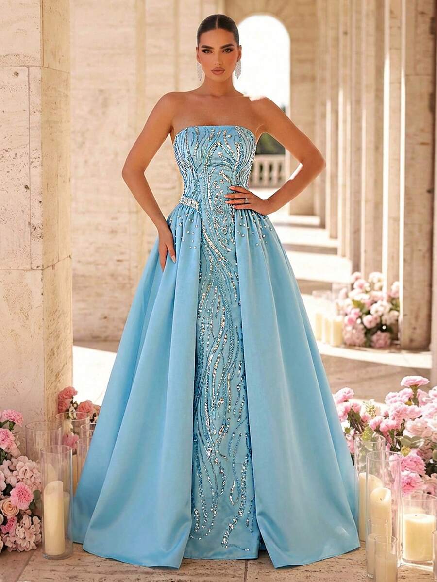 Glamrae Bộ trang phục sang trọng màu xanh dương gồm áo corset và chân váy maxi chữ A đính sequin 3D tinh tế bằng satin, phối cùng chân váy trắng tương phản, có dây buộc điều chỉnh được, thích hợp cho các buổi hẹn hò, tiệc độc thân, đám cưới, sự kiện, kỳ nghỉ, mùa tựu trường và dạ hội.