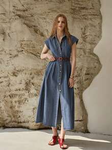 PREMIUM WOMEN'S CASUAL COMMUTER PLEATED WAIST DENIM DRESS, WITHOUT BELT, SPRING/SUMMER - Medium Wash - View 6