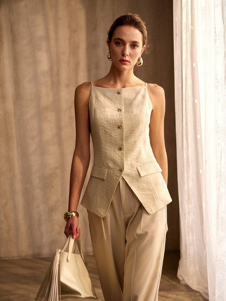 WOMEN'S NEW KHAKI ELEGANT METAL BUTTON CAMISOLE TOP