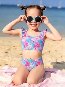 SHEIN Young Girl Summer Beach Shell Print Ruffle Trim Bikini Set - Blue - View 1