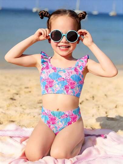 SHEIN Young Girl Summer Beach Shell Print Ruffle Trim Bikini Set