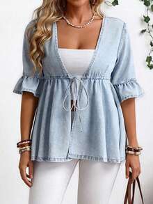 SHEIN CURVE+ Plus Size Summer Casual Washed Front Tie Denim Jacket - Blue - View 4