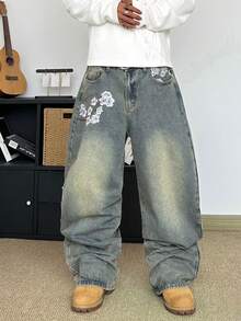 STEELVANCE Quần jeans ống đứng dáng rộng, chất liệu denim bạc màu, thêu họa tiết, thích hợp mặc hàng ngày theo phong cách đường phố. - Màu xanh lam - Xem 3