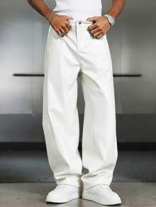 PAVTROS Men's Casual Slant Pocket Loose PU Leather Pants - White - View 5