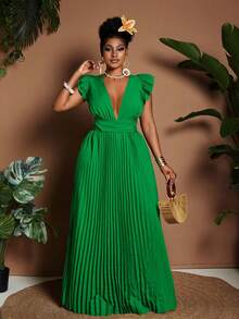 Maweii Plus Size V-Neck Cap Sleeve Ruched Backless Elegant Dress - Green - View 6