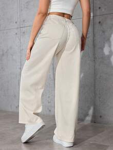 SHEIN PETITE Jeans rectos y sueltos de color liso clásico informal - Albaricoque - Ver 2