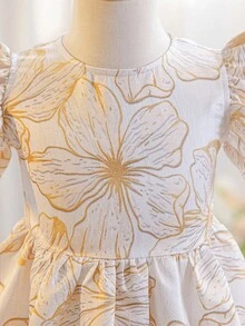 SHEIN 1 Paquete Vestido de niña joven casual, simple, hermoso, lindo y elegante con estampado floral de jacquard dorado, adecuado para fiestas de cumpleaños, fiestas de noche, actuaciones, bodas, bautizos, ceremonias de apertura, juegos, fiestas, sesiones de fotos, vacaciones, festivales, uso diario, viajes, primavera, otoño e invierno - Albaricoque - Ver 4