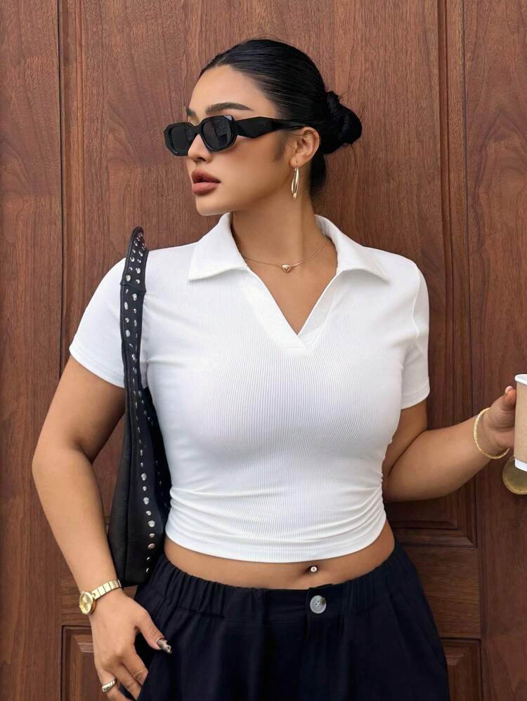 Dazy Plus Plus Size Women's Solid Color Fitted Ribbed Cropped Casual T-Shirt, Spring/Summer