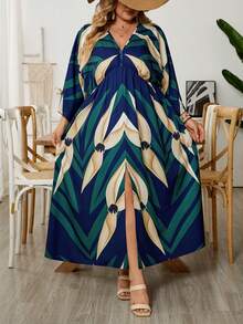SHEIN CURVE+ Plus Size Women's Vacation Green Plant Print 3/4 Sleeve Dress - Multicolor - View 5