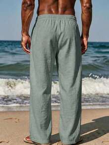 VIVINTIMO 男士休闲纯色斜插口袋抽绳腰裤 - 草綠色 - 查看 2