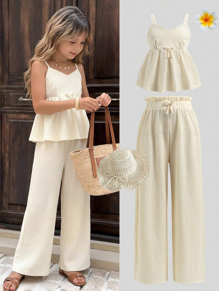 Tween Girls' Casual Basic Vacation Set, White Loose Lace Trim Camisole And Wide Leg White Pants - Green - View 1