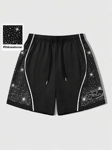 ROMWE MEN Street Life Men's Casual Rhinestone Drawstring Shorts - Black - View 5
