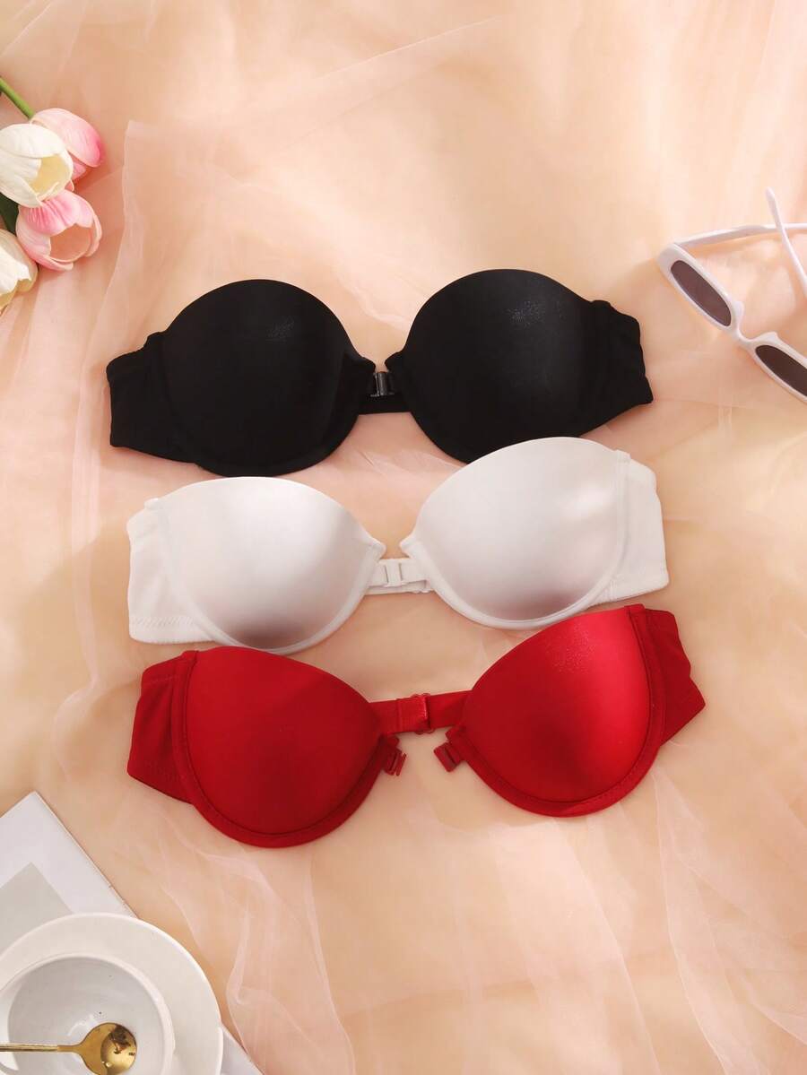 DesireSculpt Conjunto de 3 sutiãs minimalistas sem alças, sensuais e com fecho frontal e aro. - Multicolorido - Ver 1