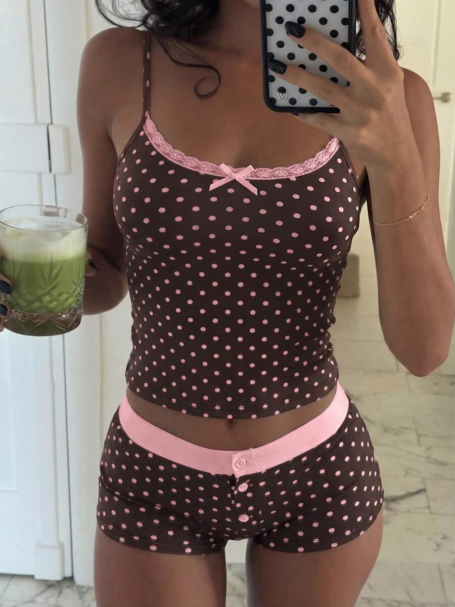 SHEIN SXY 女士蕾丝波点印花吊带背心和短裤性感两件套 - 棕色 - 查看 1