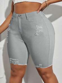 SHEIN SXY Plus Size Distressed Versatile Denim Shorts - Light Grey - View 4