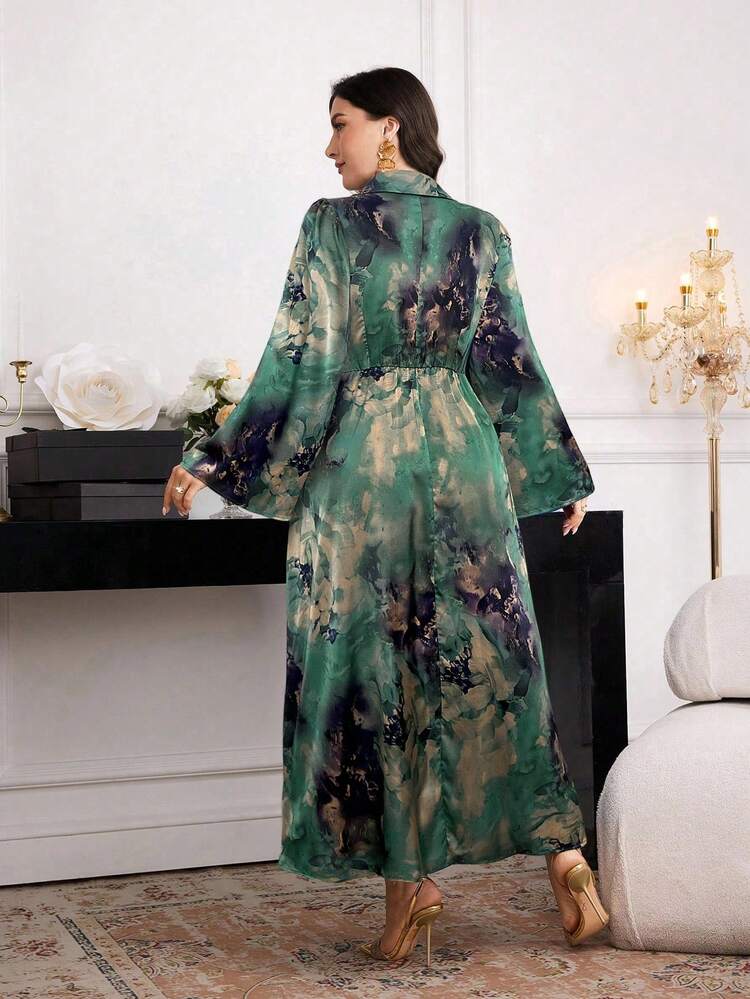 Modelyn Vestido de Manga Longa com Decor de Flor de Metal de Cintura Acinturada para Mulheres Plus Size - Multicolorido - Visão 2