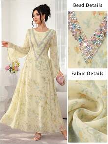 Al Najma Elegant Round Neck Beaded Side Tie Waist Flare Sleeve Robe Jalabiya, Spring/Summer - Yellow - View 5