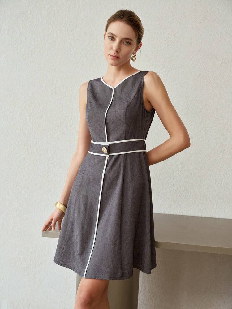V-NECK SLEEVELESS CONTRAST TRIM DESIGN WOMEN'S MID-LENGTH DRESS, SPRING/SUMMER