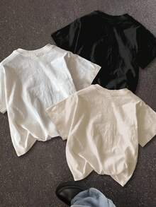 SHEIN 3 件套青少年女孩休闲简约短袖圆领 T 恤，白色、浅桃色、黑色，带有个性化街头嘻哈女孩肖像、洛杉矶手势、唇印，适合街头摄影、日常休闲、时尚 - 彩色 - 查看 2