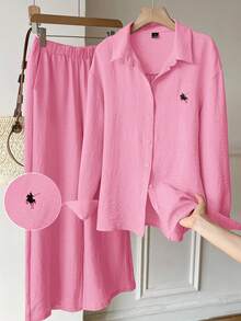 SHEIN EZwear 女士骑士印花单排扣长袖上衣和阔腿裤休闲套装，女士冬季睡衣套装，女士家居服衬衫套装，女士Polo衫运动服，女士家居服品牌服装 - 粉色 - 查看 7
