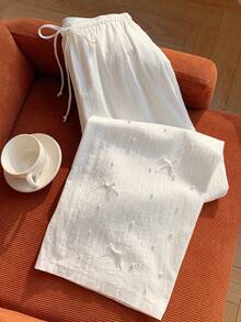 Comfortcana Quần nữ kiểu dáng thường ngày, màu trơn, đính hạt và nơ. - trắng - Xem 5
