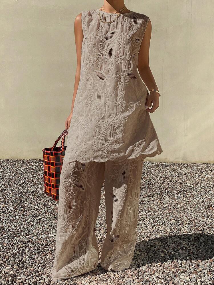 Women's Elegant Lace Hollow-Out Textured Fabric Long Tank Dress And Wide Leg Pants Two Pieces Suit, Suitable For Summer Vacation Lounge Sets For Women