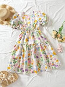 SHEIN This Is A Dress For Tween Girls, Made Of Woven Jacquard Fabric. It's A Short-Sleeved, Backless Dress With A Deep V-Neck And Decorative Butterfly Motifs. The Dress Has An A-Line Silhouette, Making It An Elegant And Ladylike Garment Perfect For Girls To Wear To Parties And Gatherings In The Summer. - Yellow - View 9
