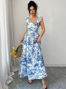 Elenzga Vestido largo de verano elegante con estampado tejido para mujer - Azul - Ver 7