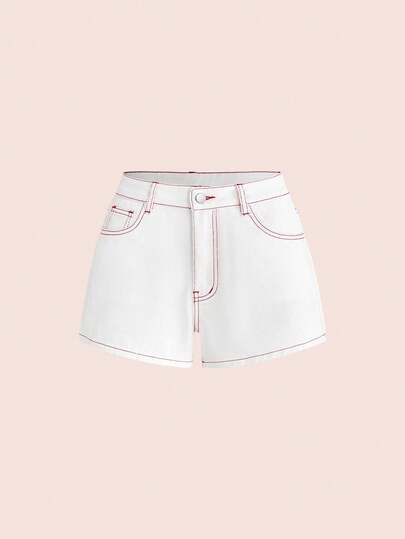 Sweetness Cute Casual Bowknot & Cherry Embroidery Contrast Color Pocket Denim Shorts For Girls