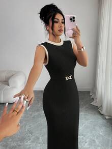 Elenzga Women Summer,Elegant,Office,Autumn,Black Beige,Knitted Texture Pit Stripes,Elastic Tight Waist-Cinching Dress,Metal Design,Color-Blocking Patchwork - Black - View 7