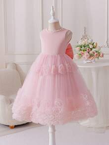 SHEIN Glamorique Kids 少女公主洋裝，花童裙，淡粉色網紗公主洋裝，3D網紗花朵，可愛優雅派對花童洋裝，生日派對，婚禮，婚紗，中東，歐洲和美國，珍珠，背後大蝴蝶結芭蕾舞茶會洋裝，女孩洋裝，芭蕾花童洋裝，迷人兒童洋裝，兒童洋裝，生日女孩，夏季 - 粉色 - 查看 9