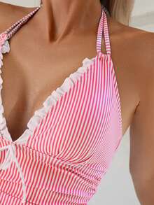 Bonvoyette Women's Summer Beach Striped Print Drawstring Spaghetti Strap Solid Color Ruffle Side Shirred Elastic Comfortable Fitted Casual Vacation Tankini Set - Multicolor - View 4