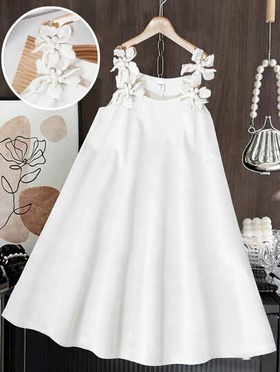 SHEIN Vestido de columpio con tirantes y flores 3D para niña preadolescente, adecuado para uso diario o fiestas, primavera/verano/otoño